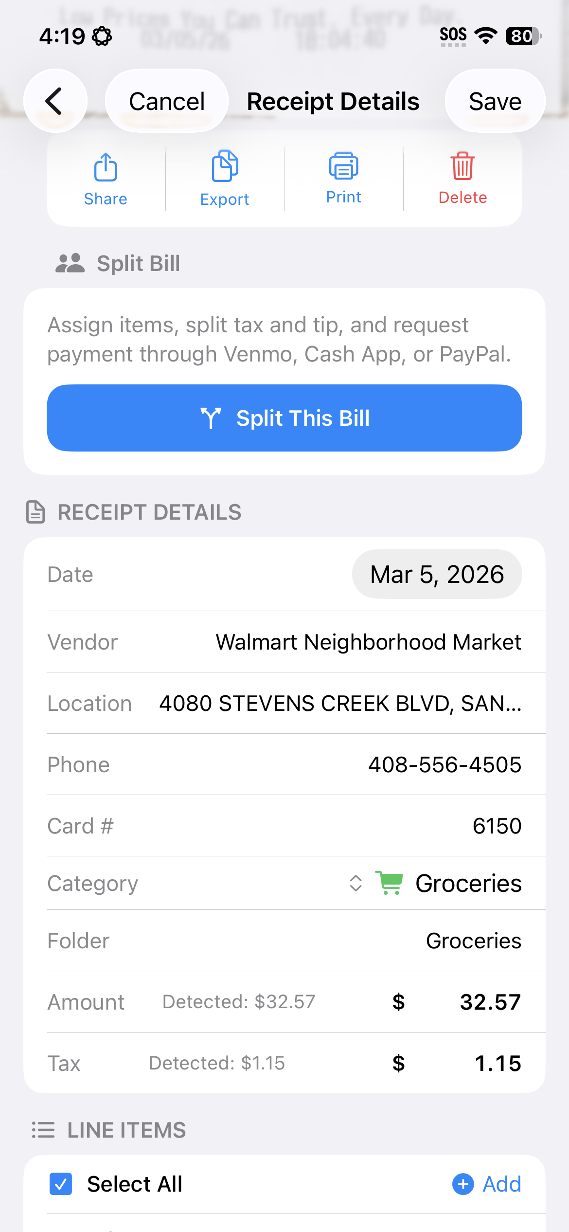 Receipt Savior receipt details and bill-splitting interface